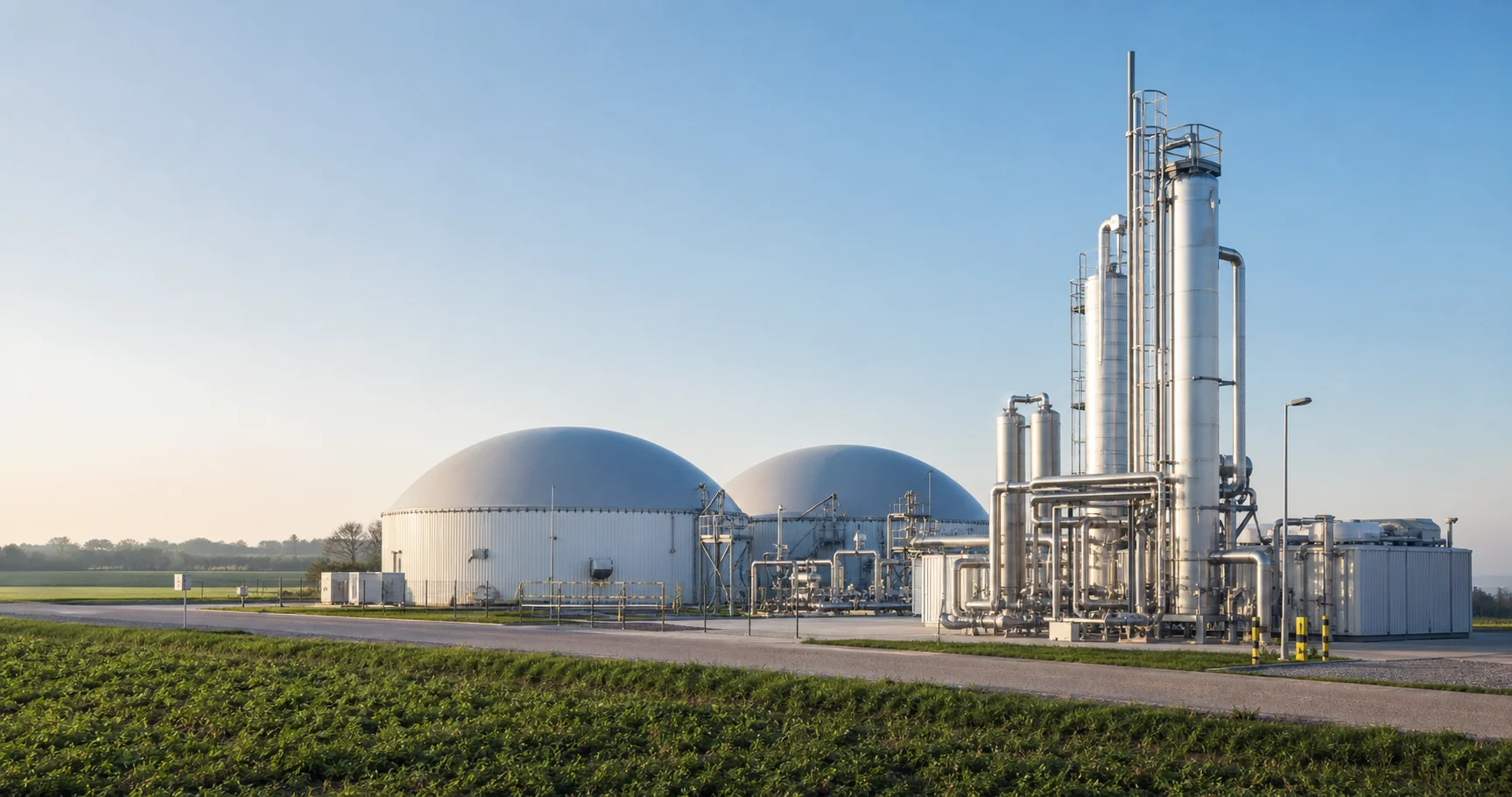 Industrial biomethane plant with anaerobic digesters, pipework and gas upgrading equipment
