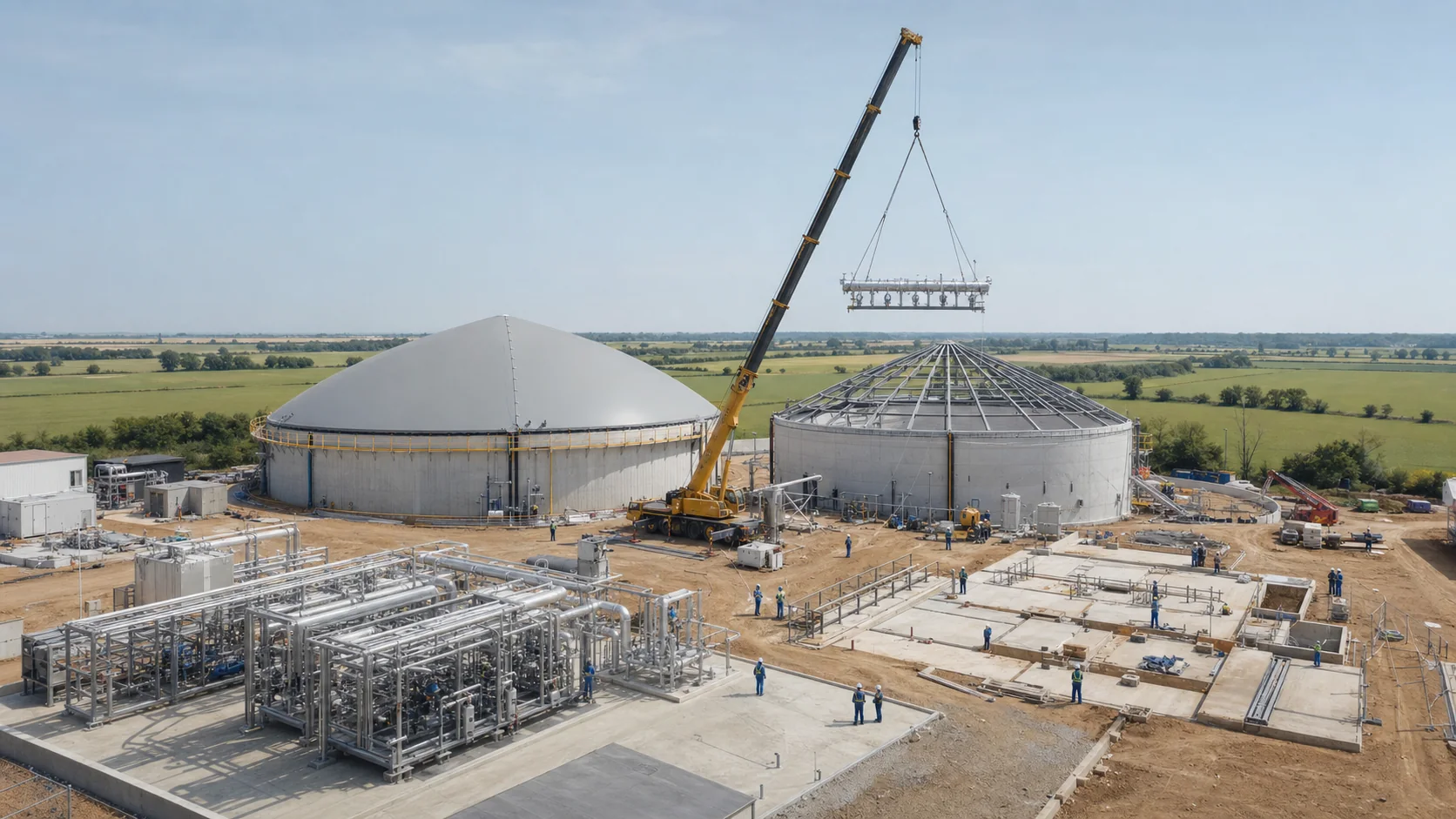 Representative biomethane plant construction with digester assembly and process skid installation